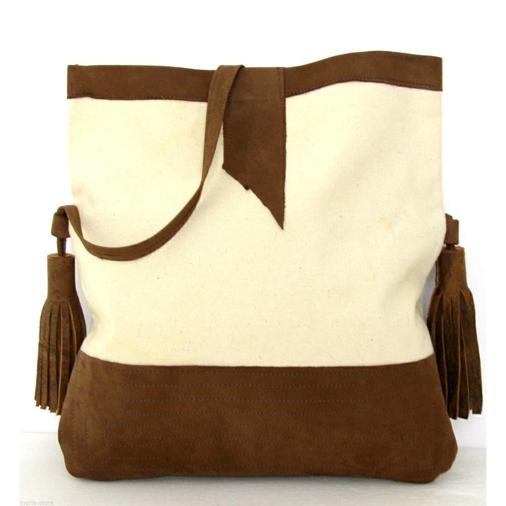HANDMADE MURKA NATURAL IVORY CANVAS BROWN LEATHER TASSEL FOLD OVER SHOULDER BAG